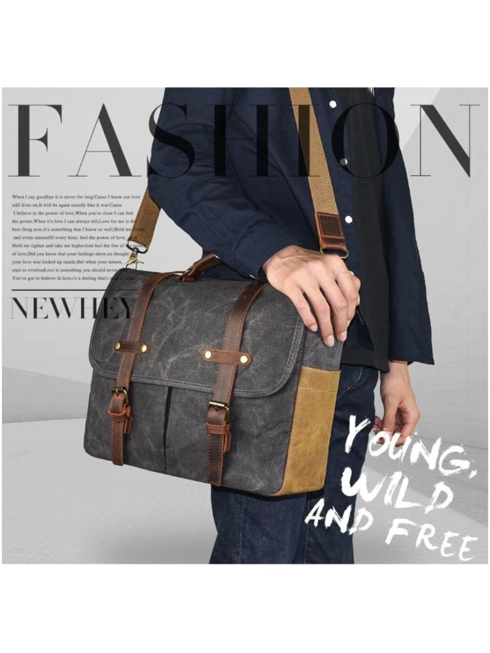 Vintage-Inspired Messenger Leather & Waxed Canvas Briefcase Satchel Laptop Bag - Picture 2 of 11